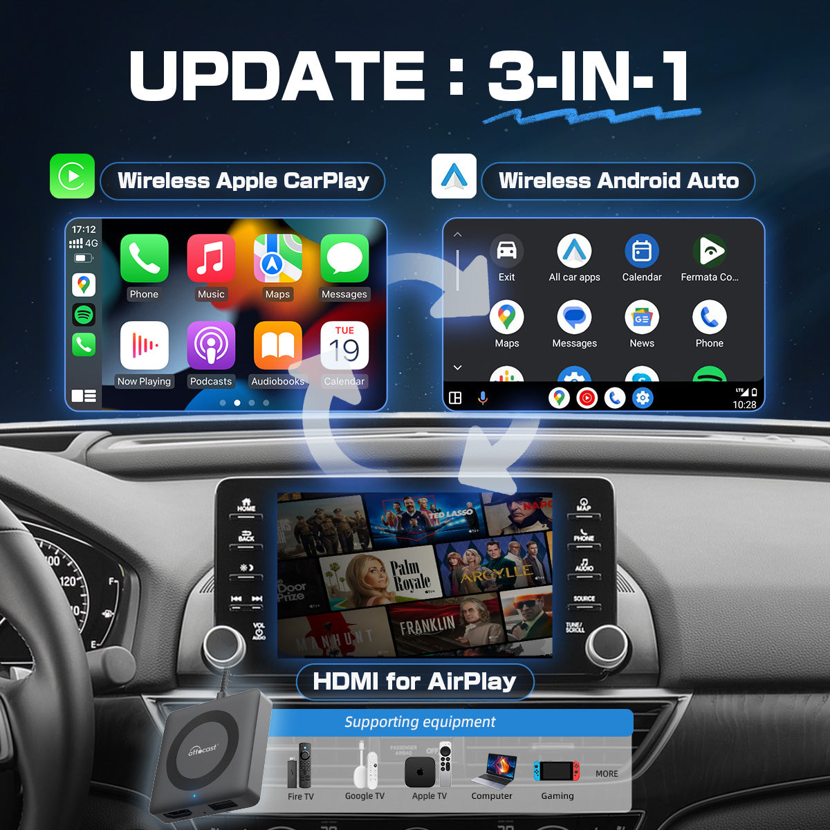 Car TV Mate Pro | Streaming HDMI + Fire TV Stick + Screen Mirroring + CarPlay y Android Auto Inalámbricos