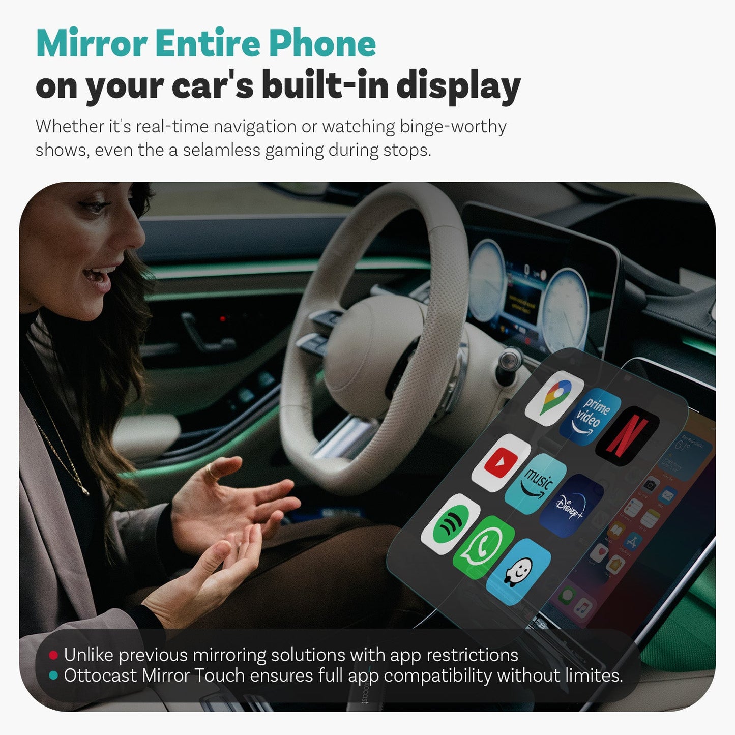 Mirror Touch |Screen Mirroring+Bi-Directional Control+Wireless CarPlay