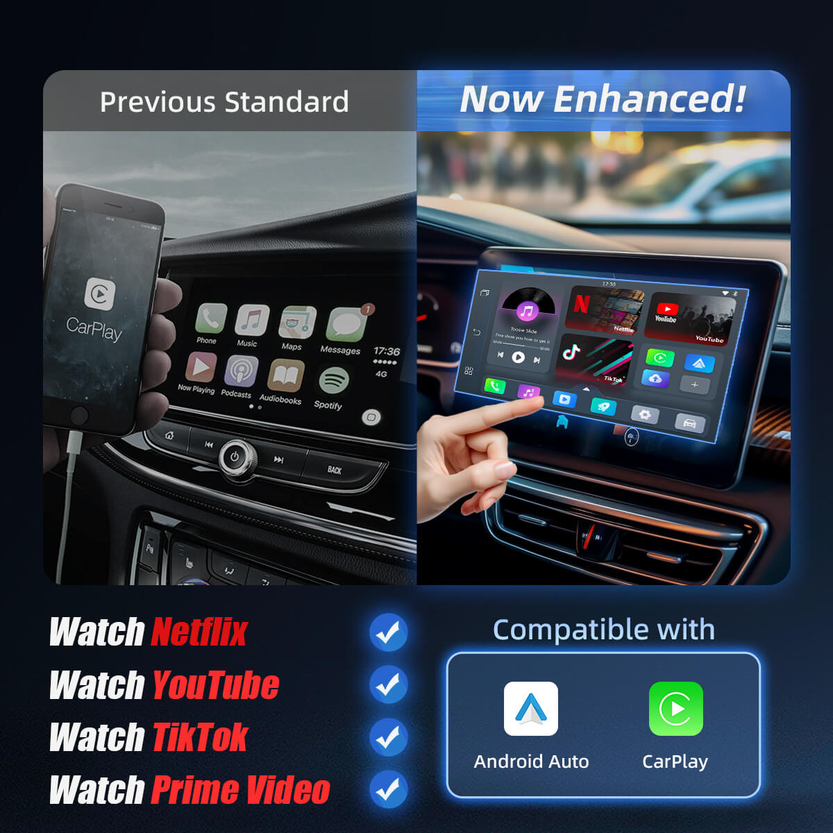 Play2Video Pro | Netflix, YouTube, Prime Video y CarPlay/Android Auto inalámbrico