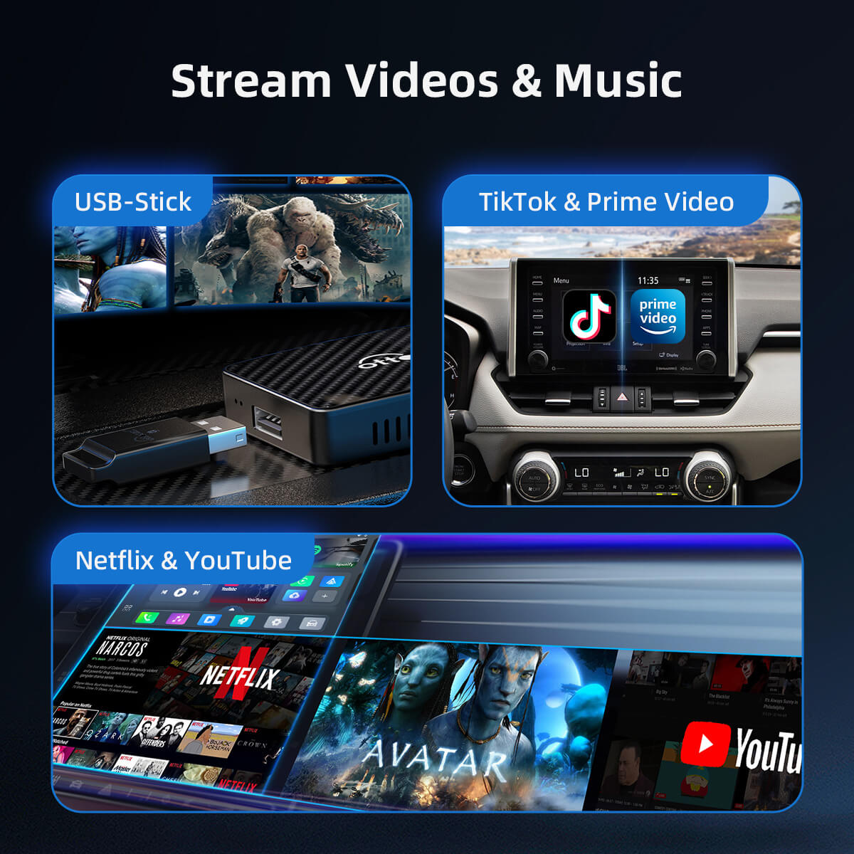 Play2Video Pro | Netflix, YouTube, Prime Video y CarPlay/Android Auto inalámbrico