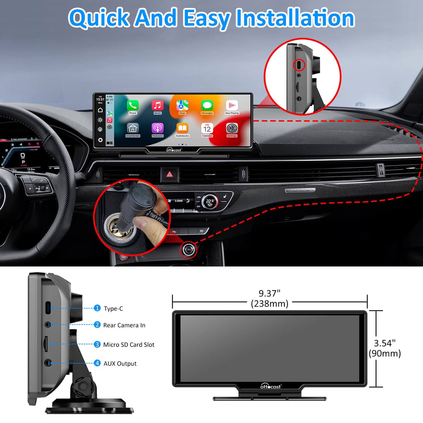 Pantalla portátil de 10" para auto con Apple CarPlay y Android Auto