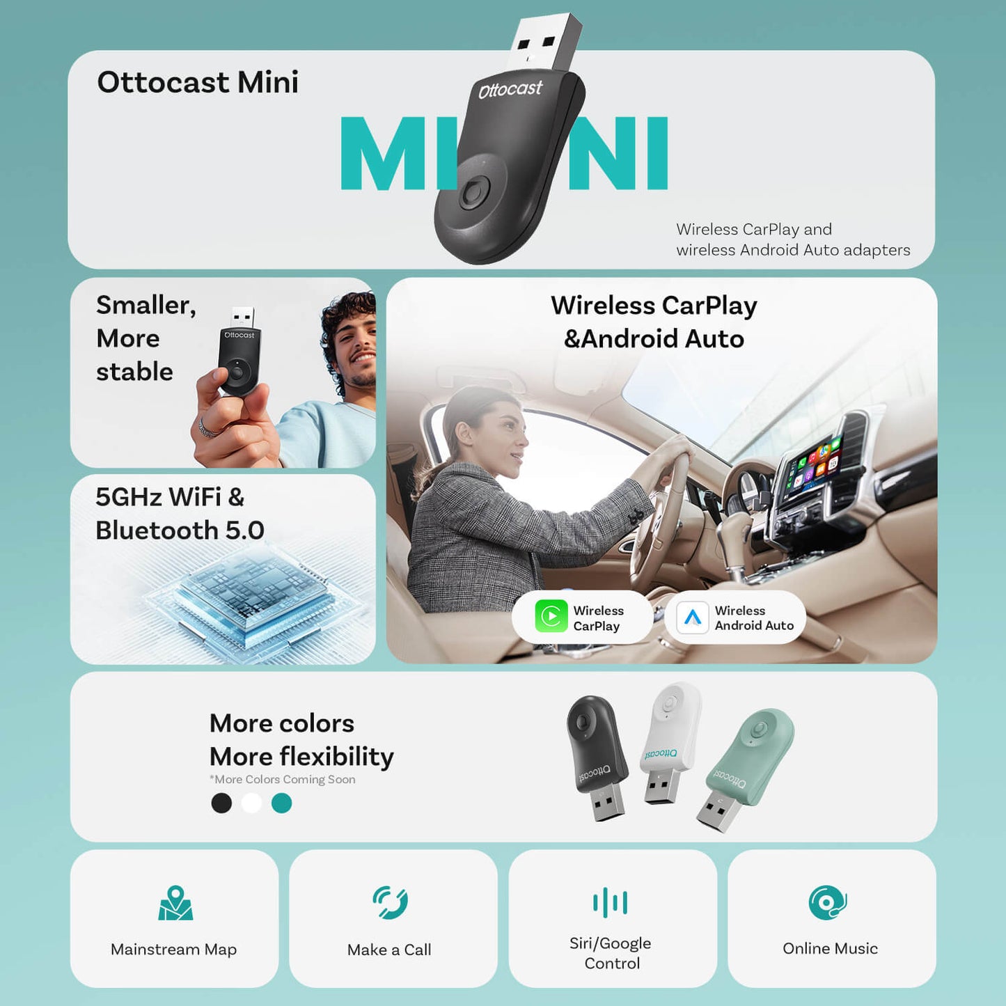 Ottocast Mini | CarPlay inalámbrico + Android Auto + Cambio con un solo clic