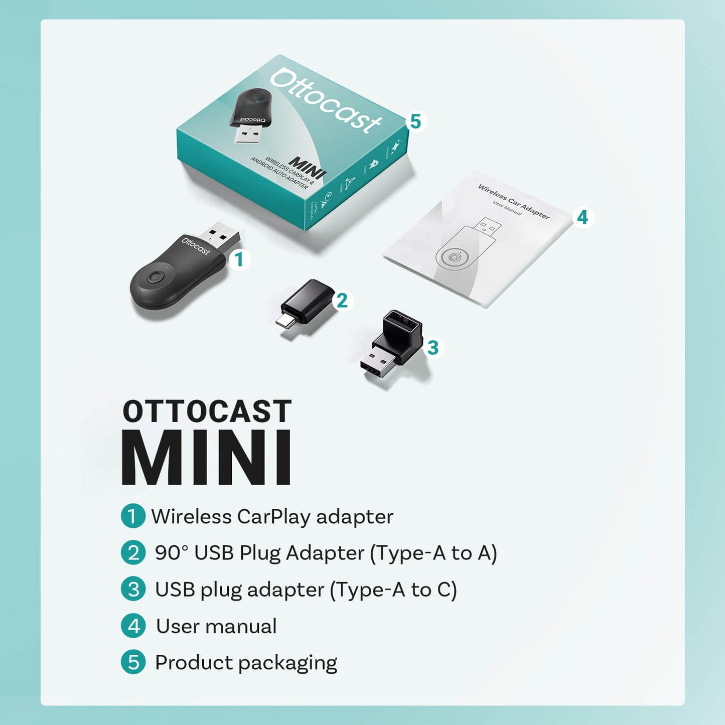 Ottocast Mini | CarPlay inalámbrico + Android Auto + Cambio con un solo clic