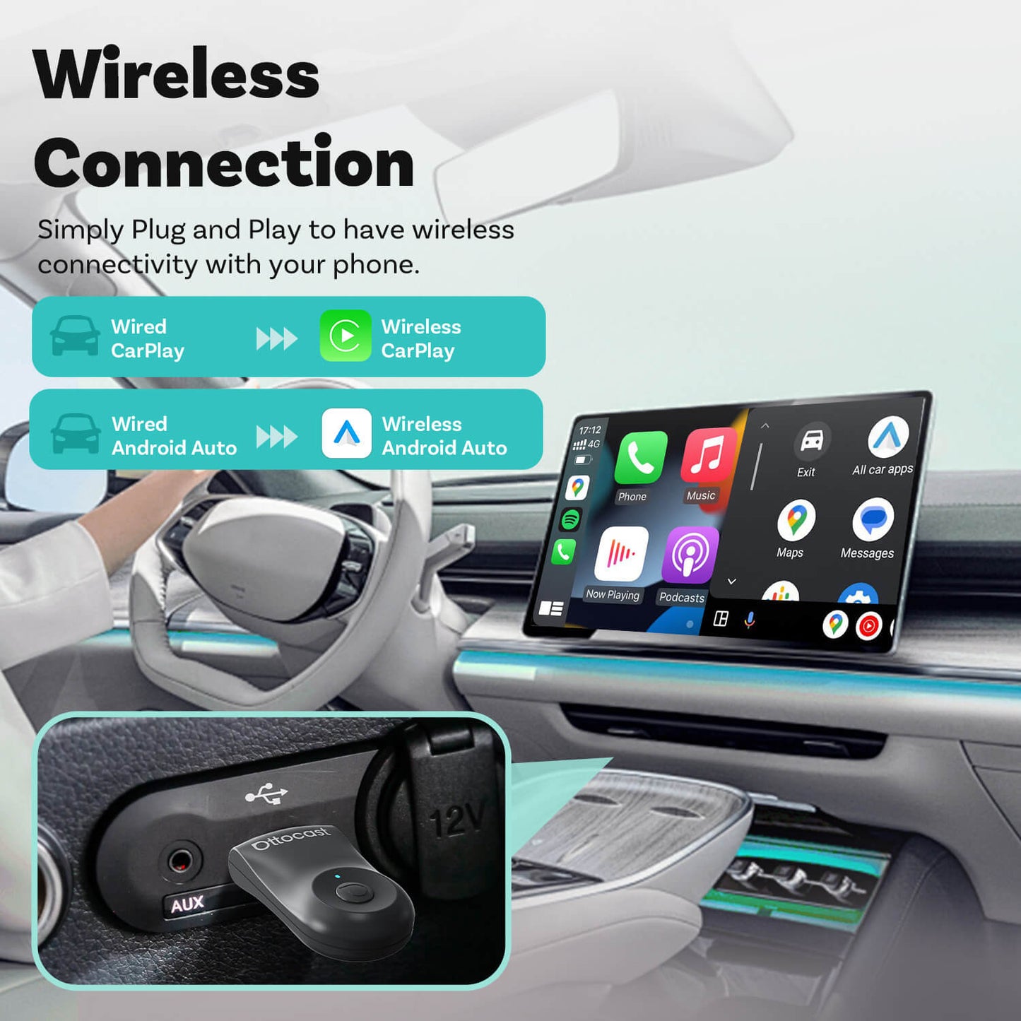 Ottocast Mini | CarPlay inalámbrico + Android Auto + Cambio con un solo clic
