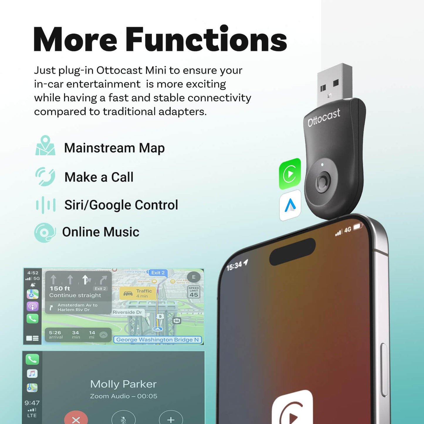 Ottocast Mini | CarPlay inalámbrico + Android Auto + Cambio con un solo clic