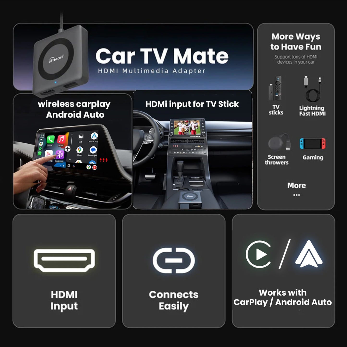 Car TV Mate Pro | Streaming HDMI + Fire TV Stick + Screen Mirroring + CarPlay y Android Auto Inalámbricos